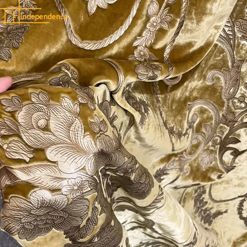 High End Gold Velvet Gilded Jacquard Curtains for Living Room Bedroom French Window Villa Customized Products