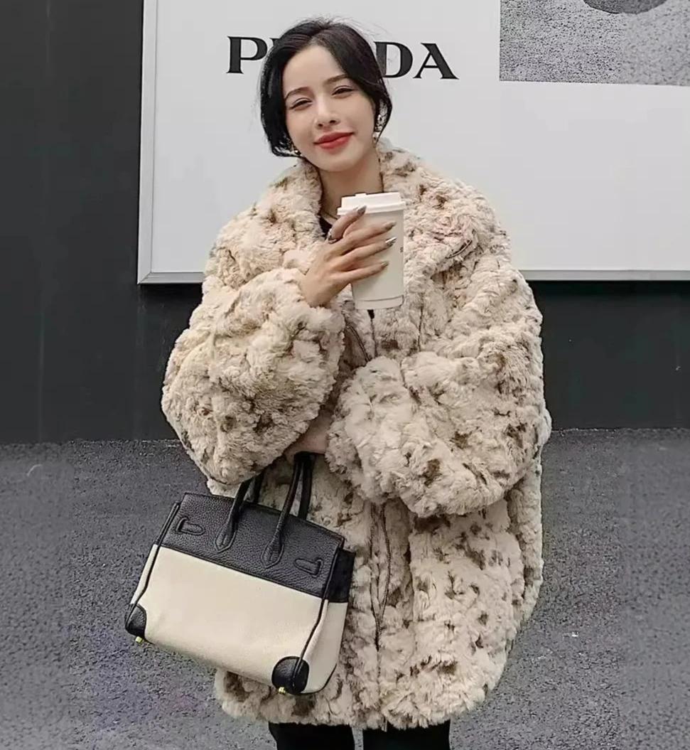 Leopard Print Faux Fur Jacket for Women Thick Turn-Down Collar Coat Streetwear Zipper Outerwear Autumn Winter Warm