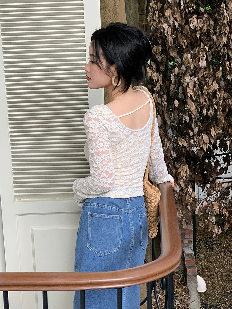 

Женский осенний топ Yuan ng Slim Fit ort Sve Long Sve Lightweight Lace Base irt Faionable Commute Sle