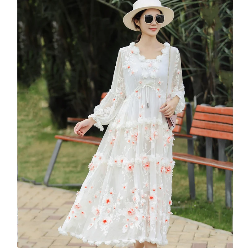 New Spring/Summer V-Neck Women's High End Silk  Floating Flower Embroidery Long Sleeved Adjustable Waist Elegant Dress One Size