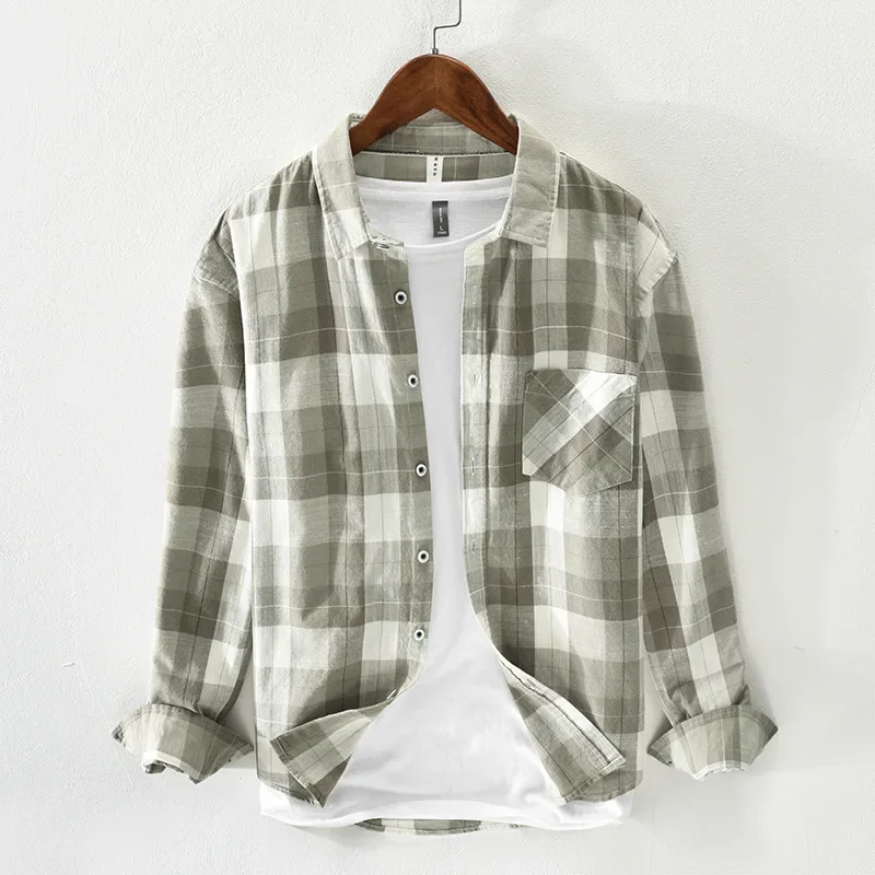 2024 New Men's Shirt Fashion Large Plaid Linen Cotton Long Sleeved Casual Loose Large Size Breathable Comfortable Top