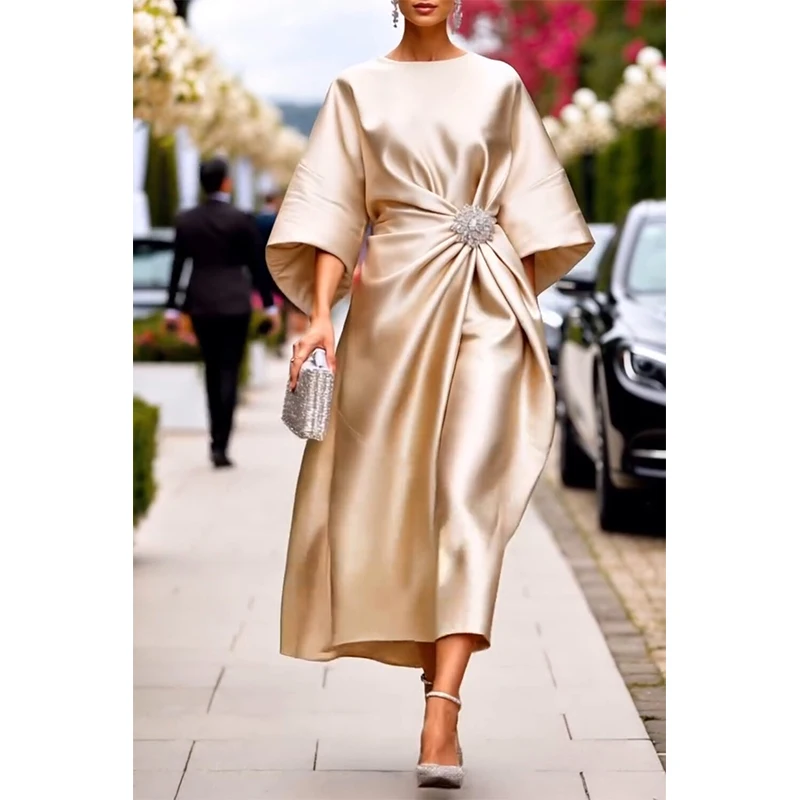 

Plus Size Wedding Guest Champagne Elegant Round Neck Flare 3/4 Sleeve Satin Midi Dresses
