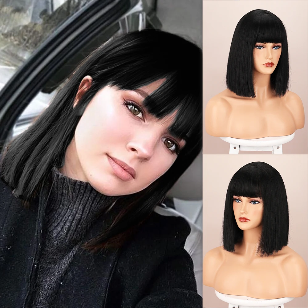 Wig BOb Lurus Pendek Sintetis Hitam dengan Wig Poni Udara Cosplay Rambut Palsu Serat Tahan Panas