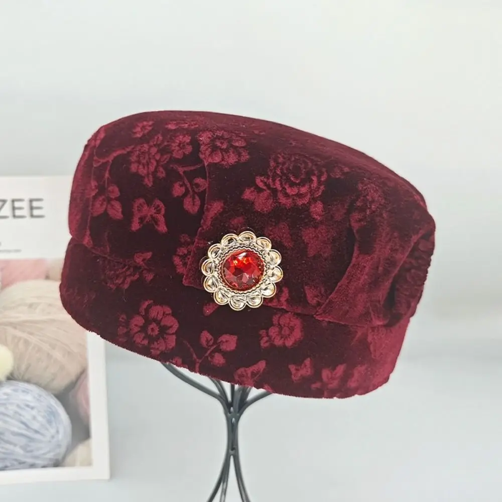 

Wide Brim Women Velvet Hat Thickened Keep Warm Grandma Headwear Imitation Stones Decor Windproof Caps Middle Aged and Elderly