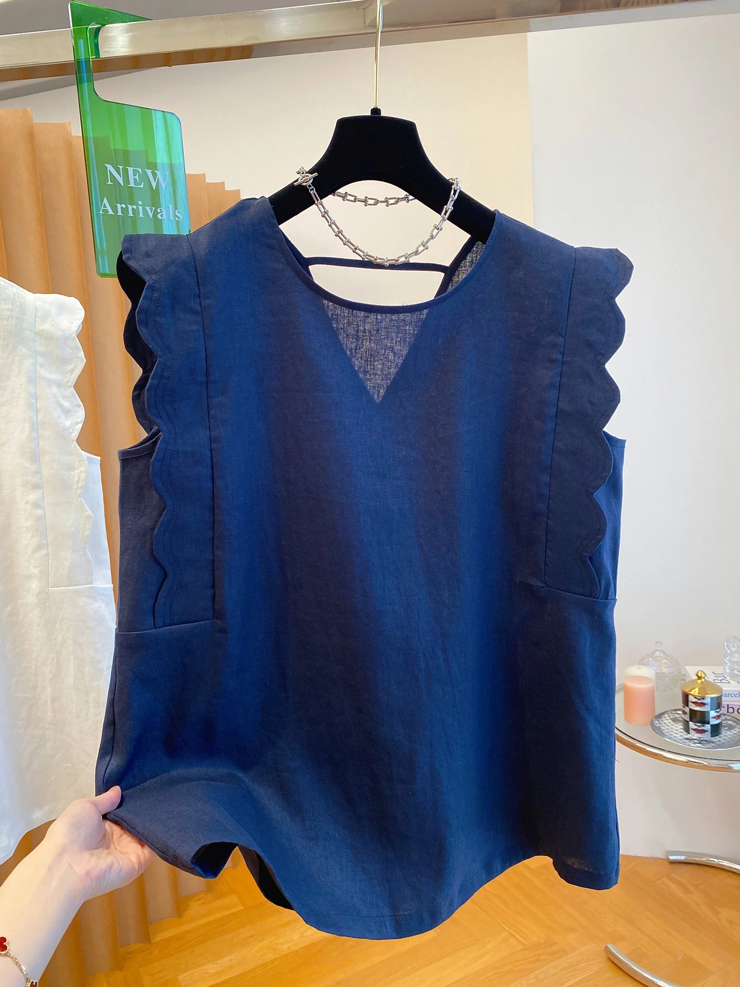 Retro Cotton Linen Vest irt Women's Loose All-Match Design Sensation Fly Sve Cotton Linen Small irt Top