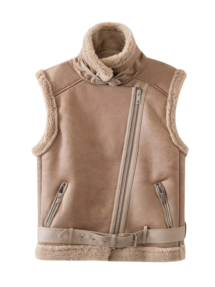 Faux Leather gilet in ecopelle kaki da donna sac 2023 Winter Fashion Feamle giacca in pelle con cerniera diagonale gilet in pelliccia finta da donna