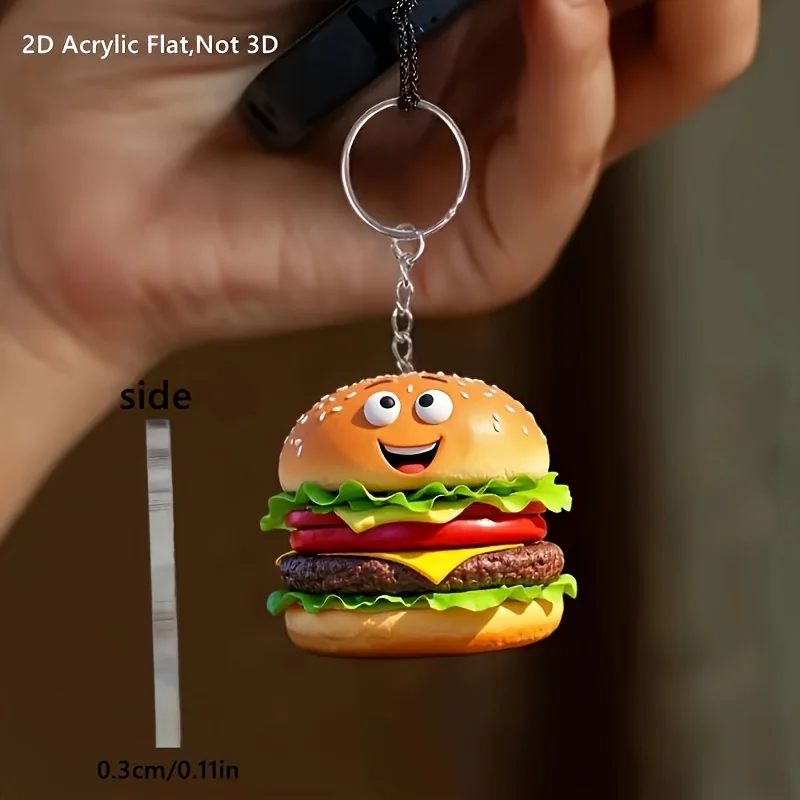 A 2D flat, creatively shaped acrylic burger keychain, perfect for decorating accessories, bags, and keys—it makes a great gift.