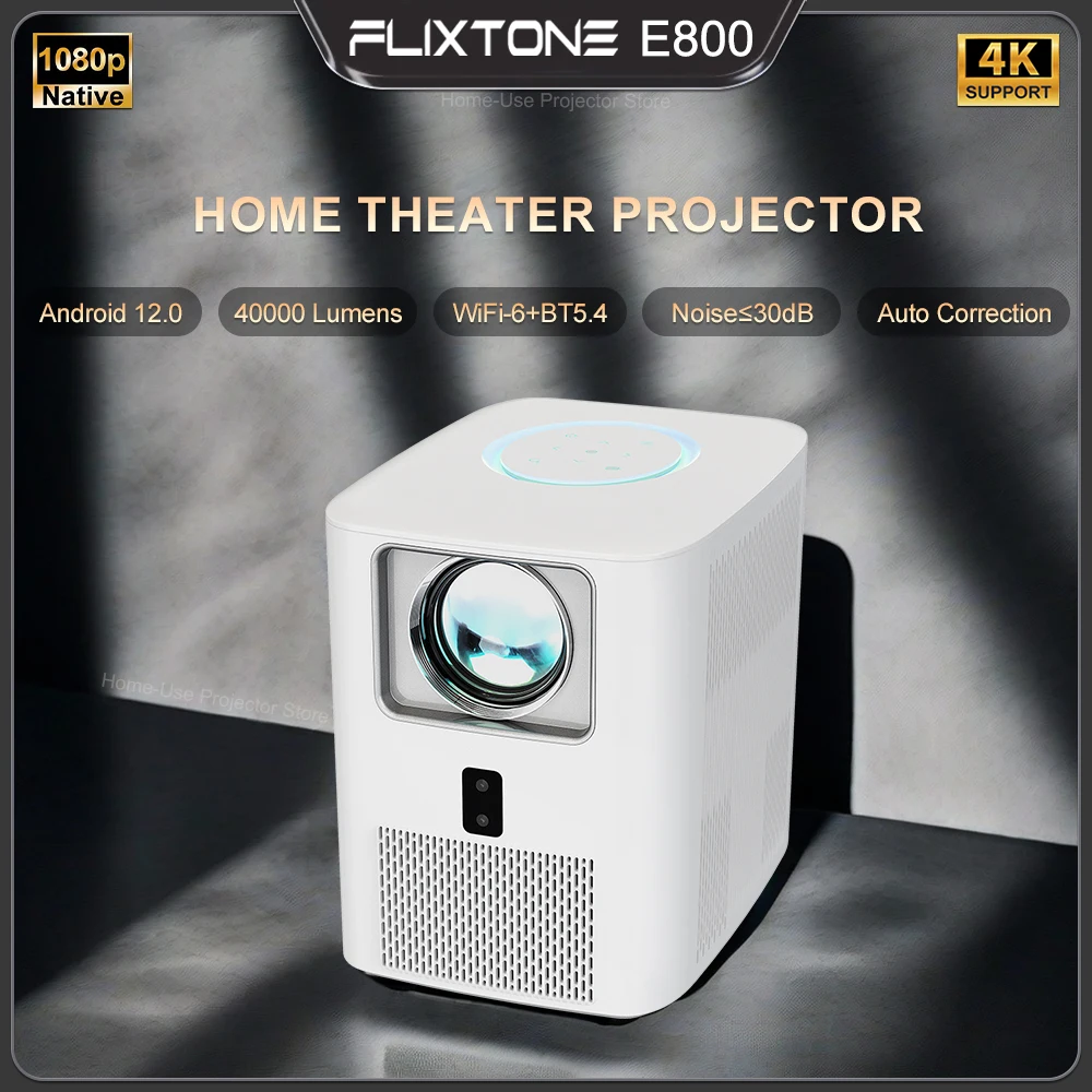 Flixtone E800 2K 4K Full HD 3000 ANSI Projector Native 1080P Android 12.0 Projector DLP Beamer Mini Built-In Speaker 5G WiFi