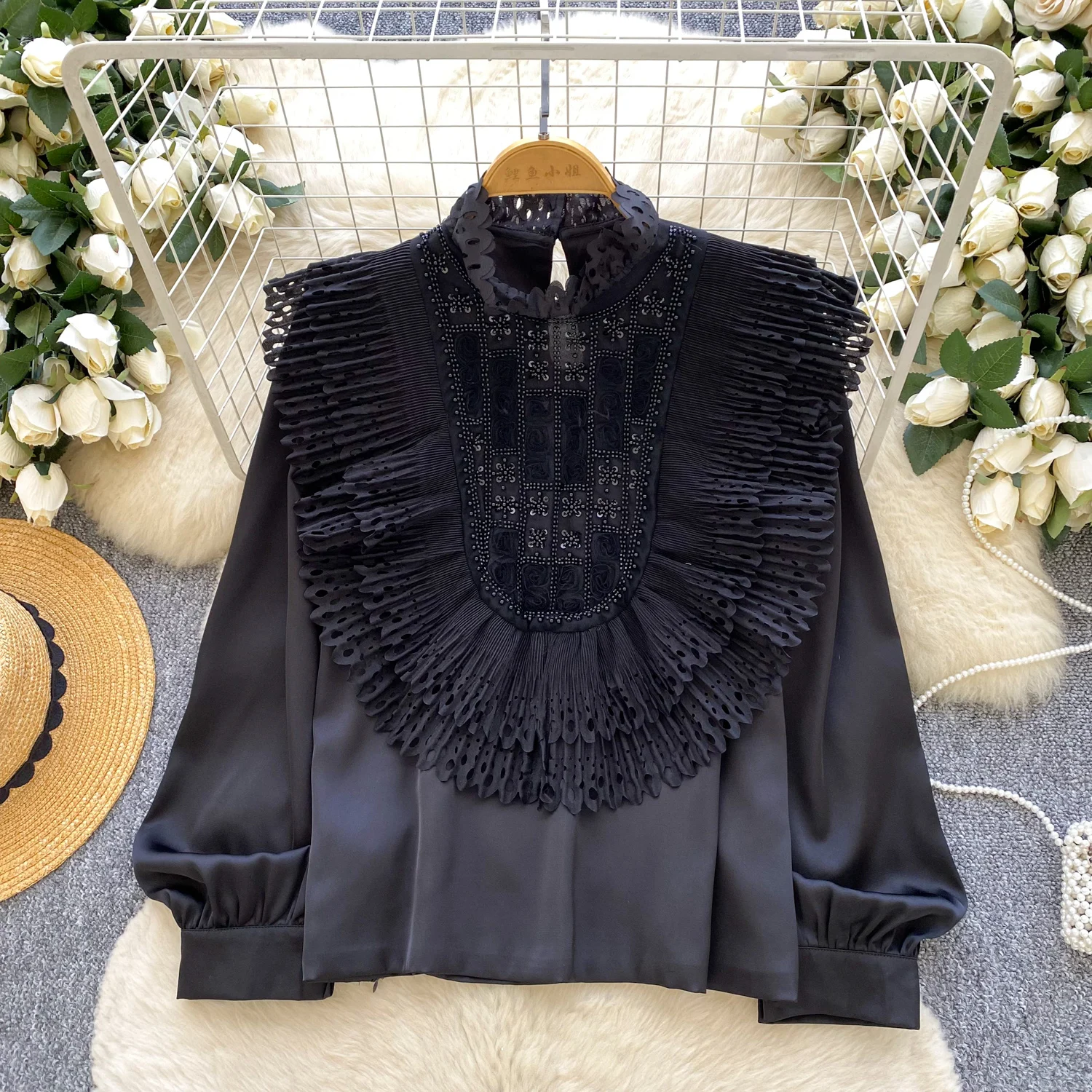 Blusa bordada vintage para mujer, camisa de satén de manga larga con cuentas, estilo francés, elegante con volantes