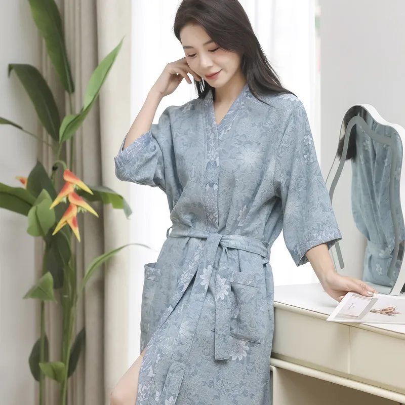 100% Cotton Bathrobe New Absorbent Quick-Drying Bath Towel Robe Gauze Sleepwear Chinese-Style Robe Pajamas Lightweight Bath Robe