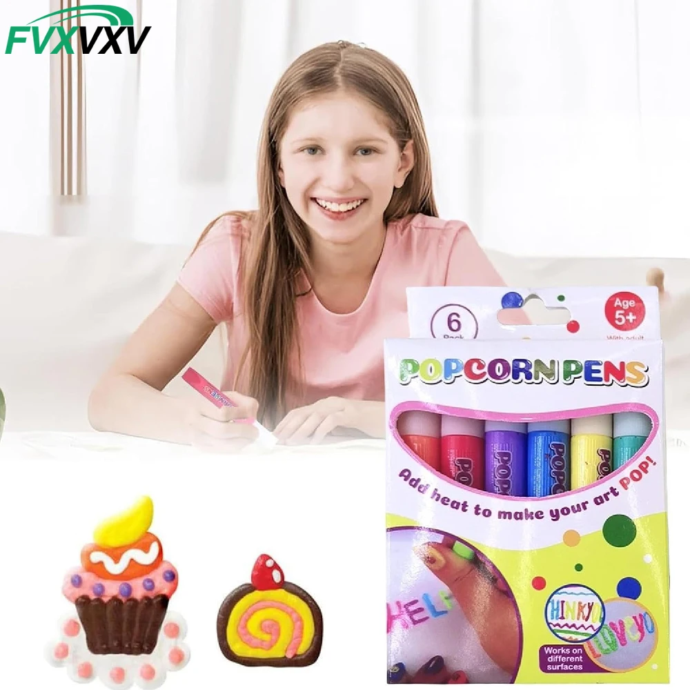 6PCS Popcorn 3D Puffy Art Pens – DIY Bubble Drawing Kit for Kids, 6 Colors Fluffy Magic Ink Expands with Heat, Creative Crafting
