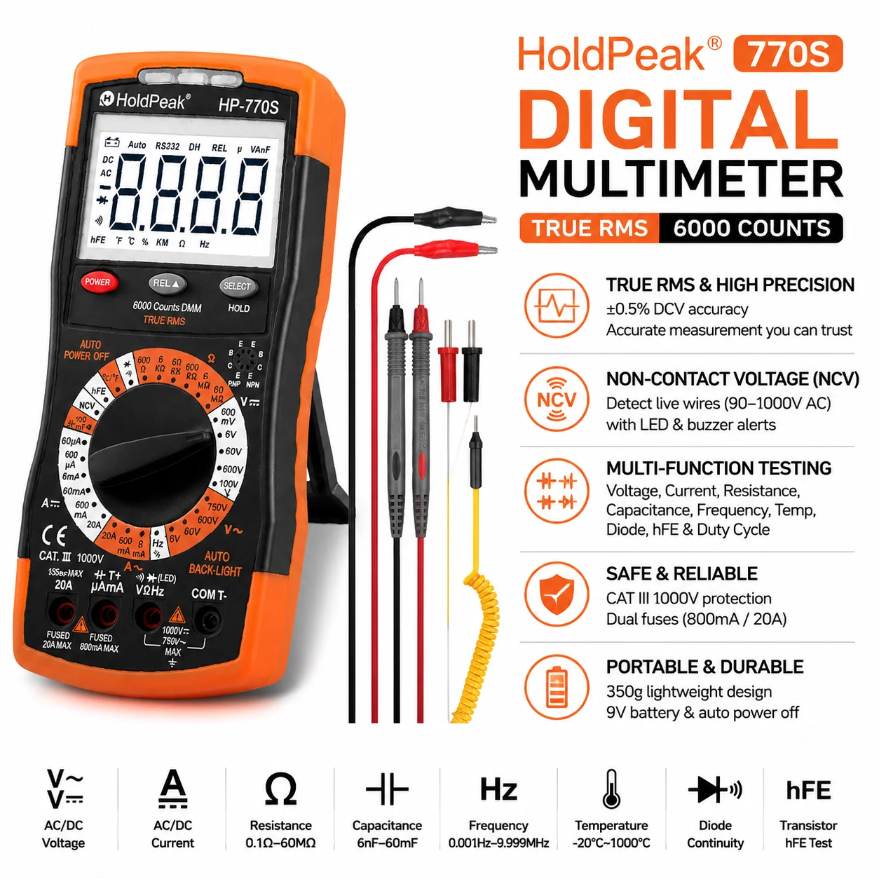 BTMETER BT-770S Multimeter Manual Ranging Electric Meter, for AC DC Volt Amp Ohm Capacitance Frequency with Continuity Tester