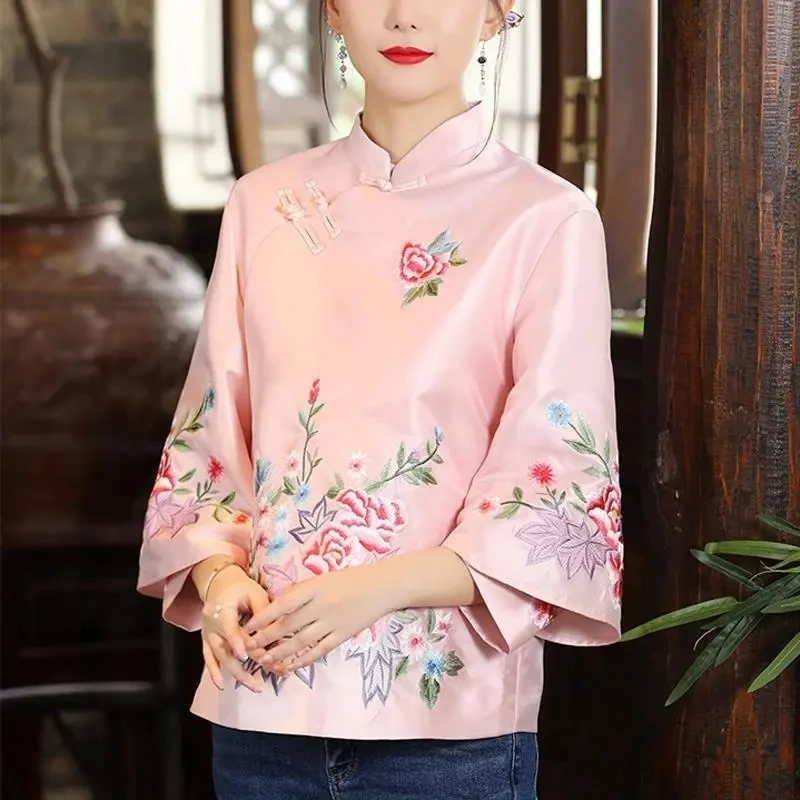 

Ethnic Style Tang Suit Women Blouse Vintage Harajuku Embroidery Chinese Tops Eleganti Loose Spring Autumn New Female Shirt Hanfu