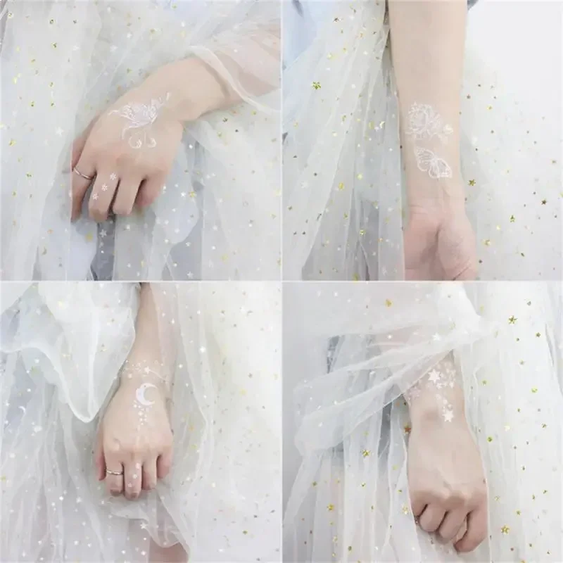 รอยสักชั่วคราวกันน้ํา Face คอ Water Transfer สีขาว Henna TATTOO ปลอม Moon Star Lace TATTOO Designs สติกเกอร์รูปลอก