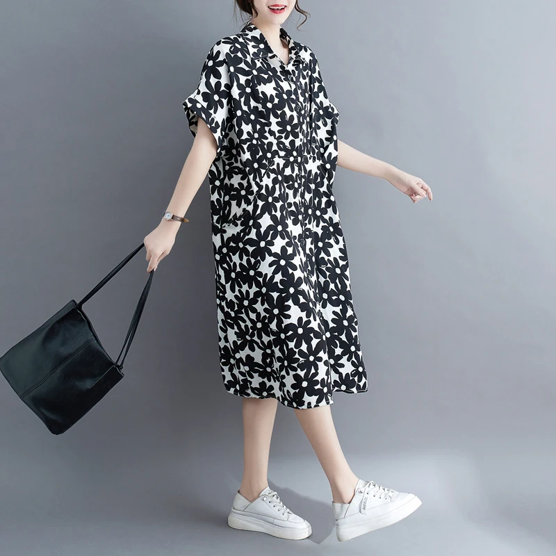 #3959 Black Green Printed A-line Buttons Front Shirt Dress Turn-down Collar Vintage Midi Dress Short Sleeve Loose Side Pockets 