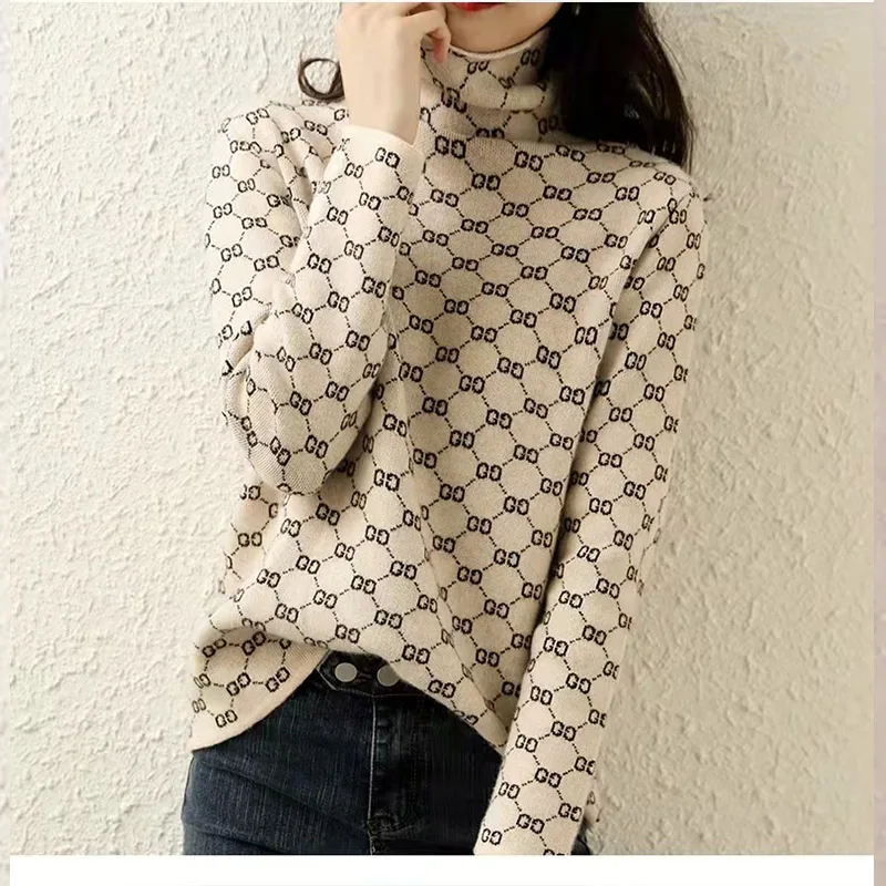 Autumn Winter Fashion Vintage Knit Thick Sweaters Women Clothing Y2k Letter Jacquard Turtleneck Tops Soft Wool Pullovers