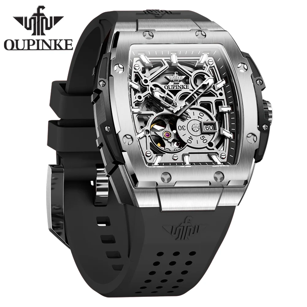 OUPINKE 3213 Skeleton Fully Hollow Out Original Automatic Watch for Men Silicone Strap Imported Movement Mechanical Wristwatches