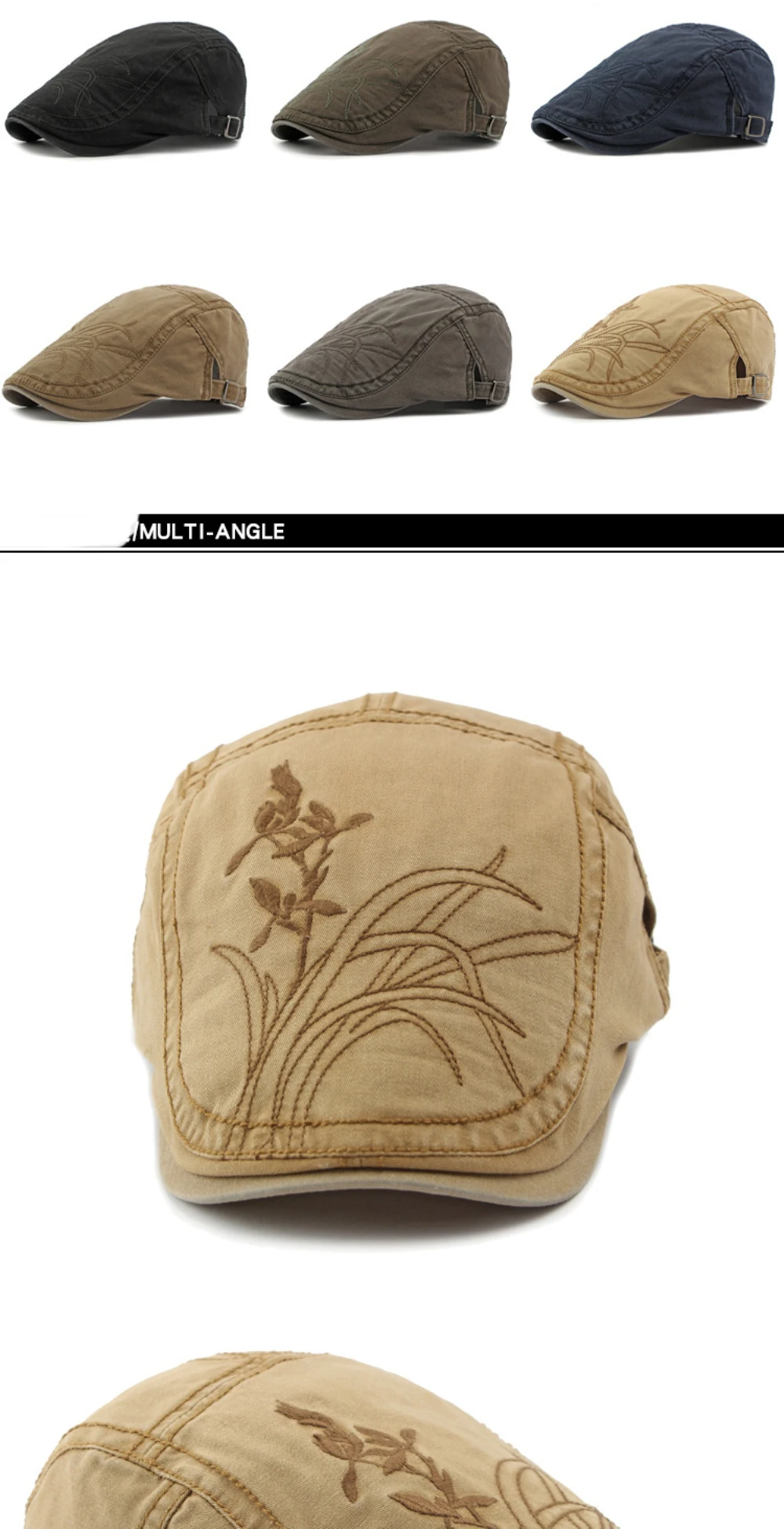HT4406 Baskenmützen für Herren und Damen, Vintage Künstler-Mütze, Unisex Baumwoll-Flachmütze, Frühling Verstellbare Blumen-Baskenmütze – Detail 3
