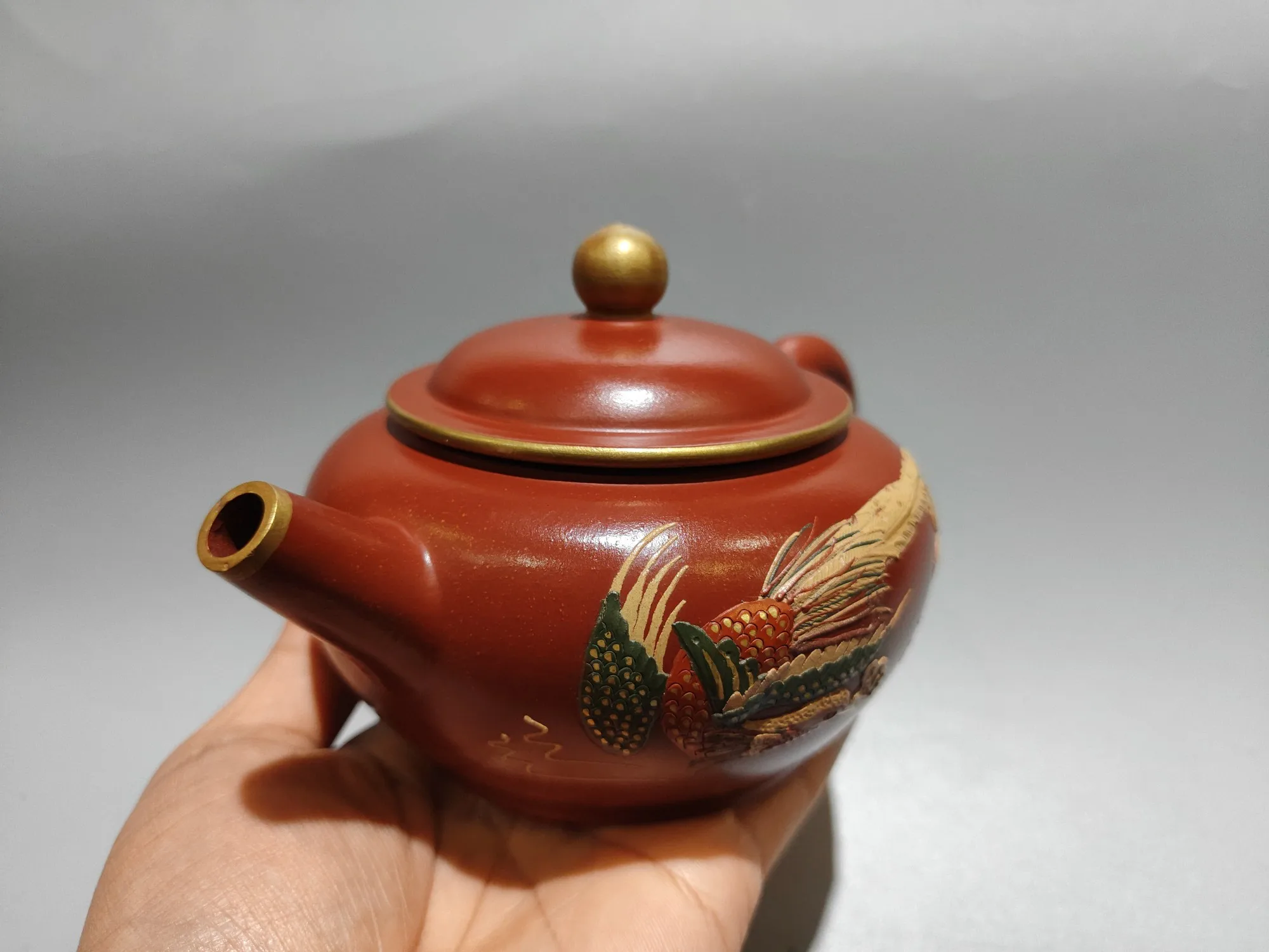 Yixing Purple Clay Pot Outline in gold Painted Phoenix pattern Horizontal teapot Kettle Teapot Flagon Gather fortune