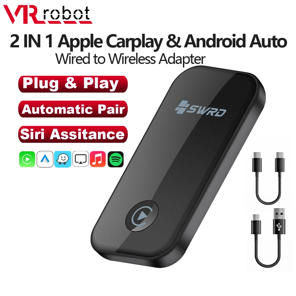 

VR Robot 2 IN 1 Wireles Carplay Android Auto Adapter For Apple Wired to Wireless Carplay Dongle Converts Support Voice Assistant