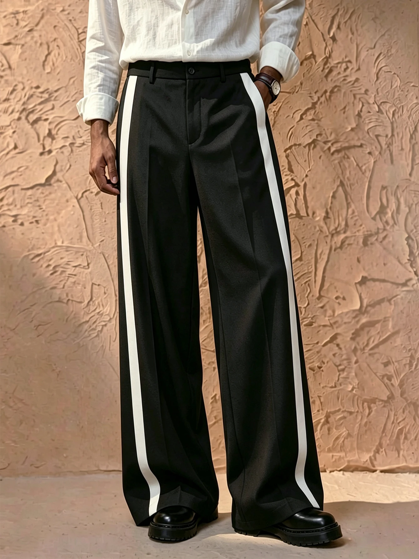 Autumn Winter Mens Color Block Pleated Pants, Elastic Waistband, Stretch Wide Leg, Designer Light Business Suit Trousers