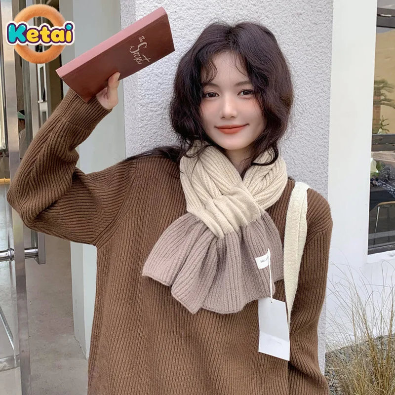 Color Blocked Cross Small Scarf for Women in Autumn and Winter, Fresh and Warm, Versatile, Student Knitted Women's Small Scarf