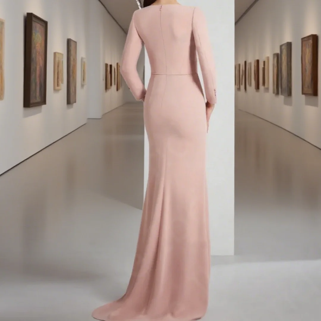 فستان أم العروس كلاسيكي أنيق وردي فاتح ورقبة على شكل حرف V وخصر مطرز فستان العروس مخصص لحفلات الزفاف