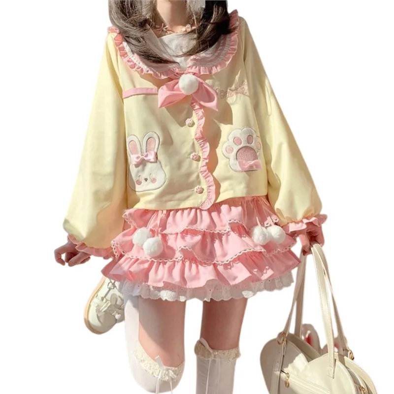 Japanese College Style 2‑Piece Outfit Cute Bunny Sailor Collar Jacket + Pink Ruffled Cake Skirt, Bow Embroidery Sweet Lolita Set