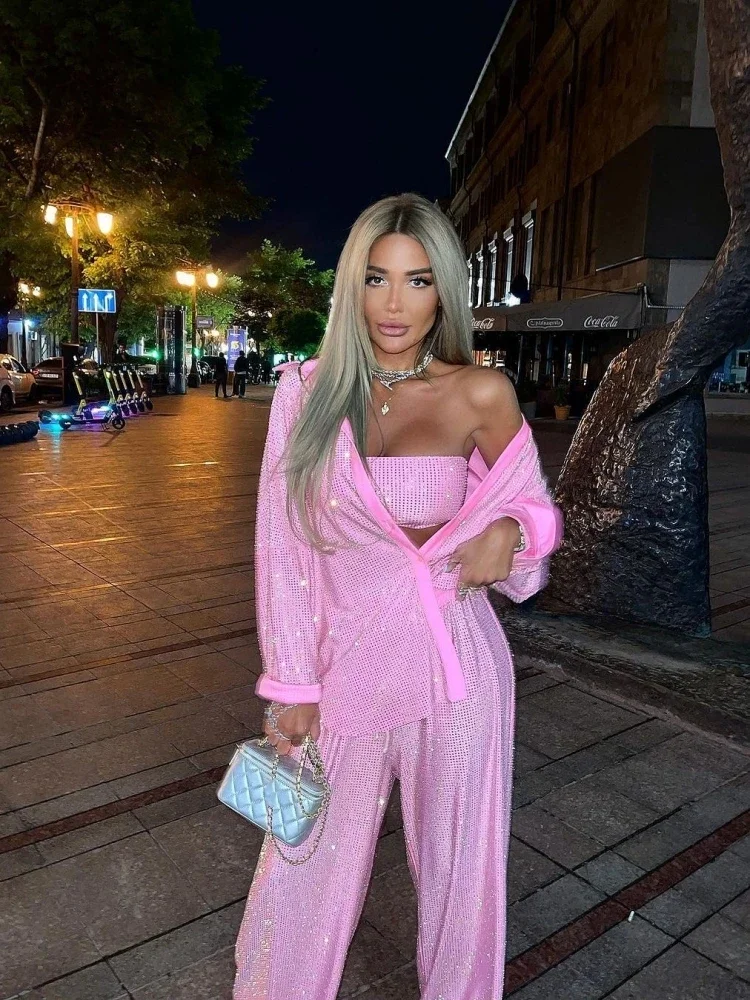 2024 Women\'s Three Piece Pants Set Sexy Sparkle Diamonds Long Sleeve Top + Bra + Trousers Pink Suit Long Pants Set Party Evening