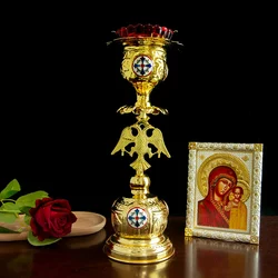 HTISOK Orthodox Holy Oil Lamp Religious Vigil Oil Lamp Red Glass Cup Cross Decorated Church Candlestick Orthodox Church Oil Lamp