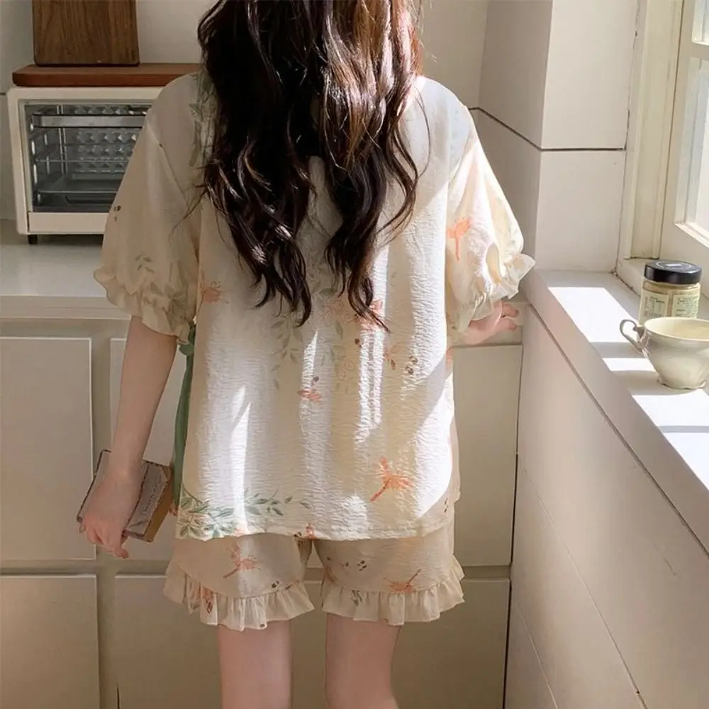 

Fashion New Chinese Style Lace Up Pajama Suit Flower V-Neck Shorts Sleeve Nightwear Reffle Loose Two Pieces Sleepwear Sets Gifts