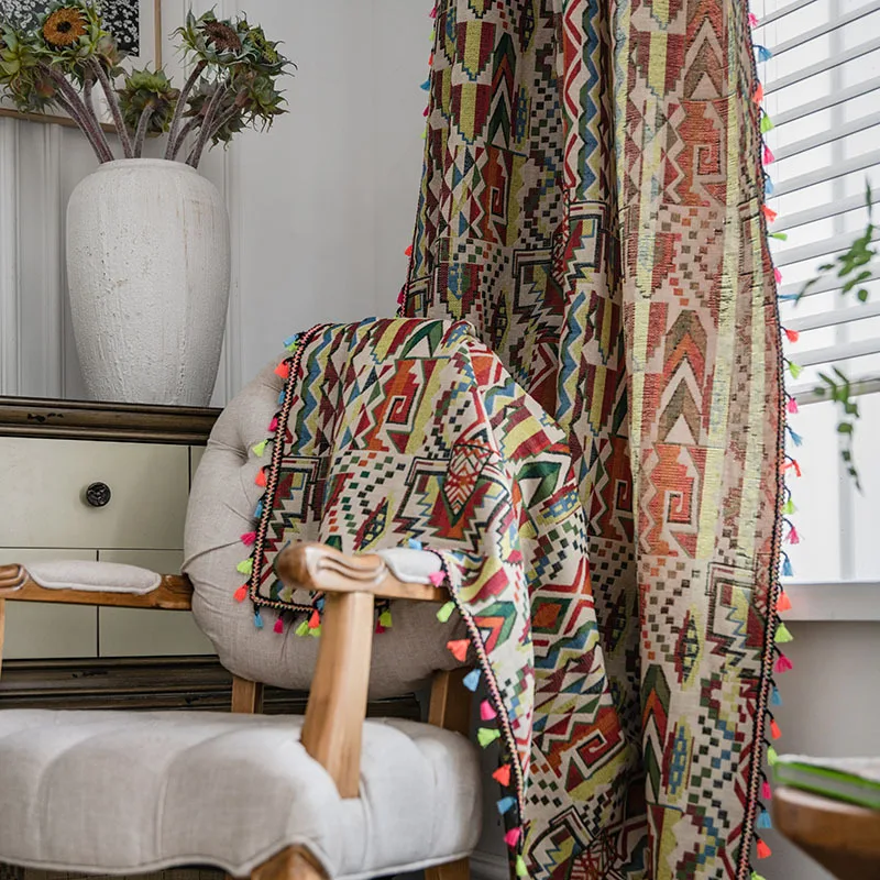 Imagem -04 - Cortinas de Poliéster e Algodão Estilo Boho Cortinas Coloridas Chiques com Geometria e Borlas para Quarto e Sala de Estar