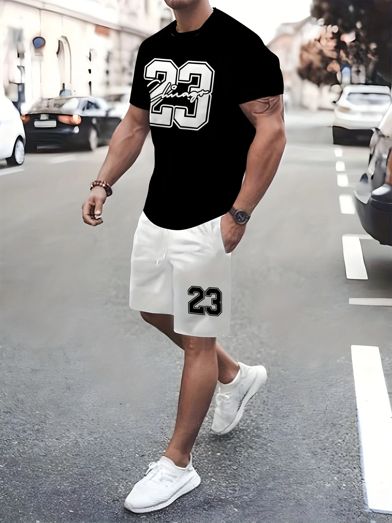 夏の売れ筋メンズスポーツスーツ メンズストリートウェア必須アイテム プリントTシャツ メンズカジュアルスーツ 速乾性と通気性