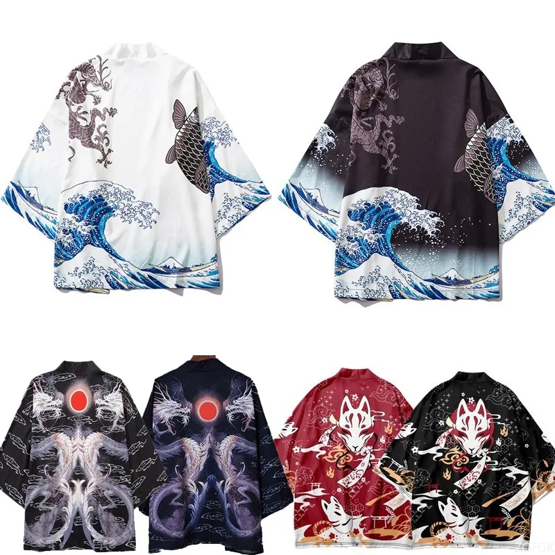 كيمونو كيب مطبوع على الطراز الصيني هاراجوكو هاوري مع ياقة مفتوحة للرجال والنساء، سجادة مموجة فضفاضة مطبوعة