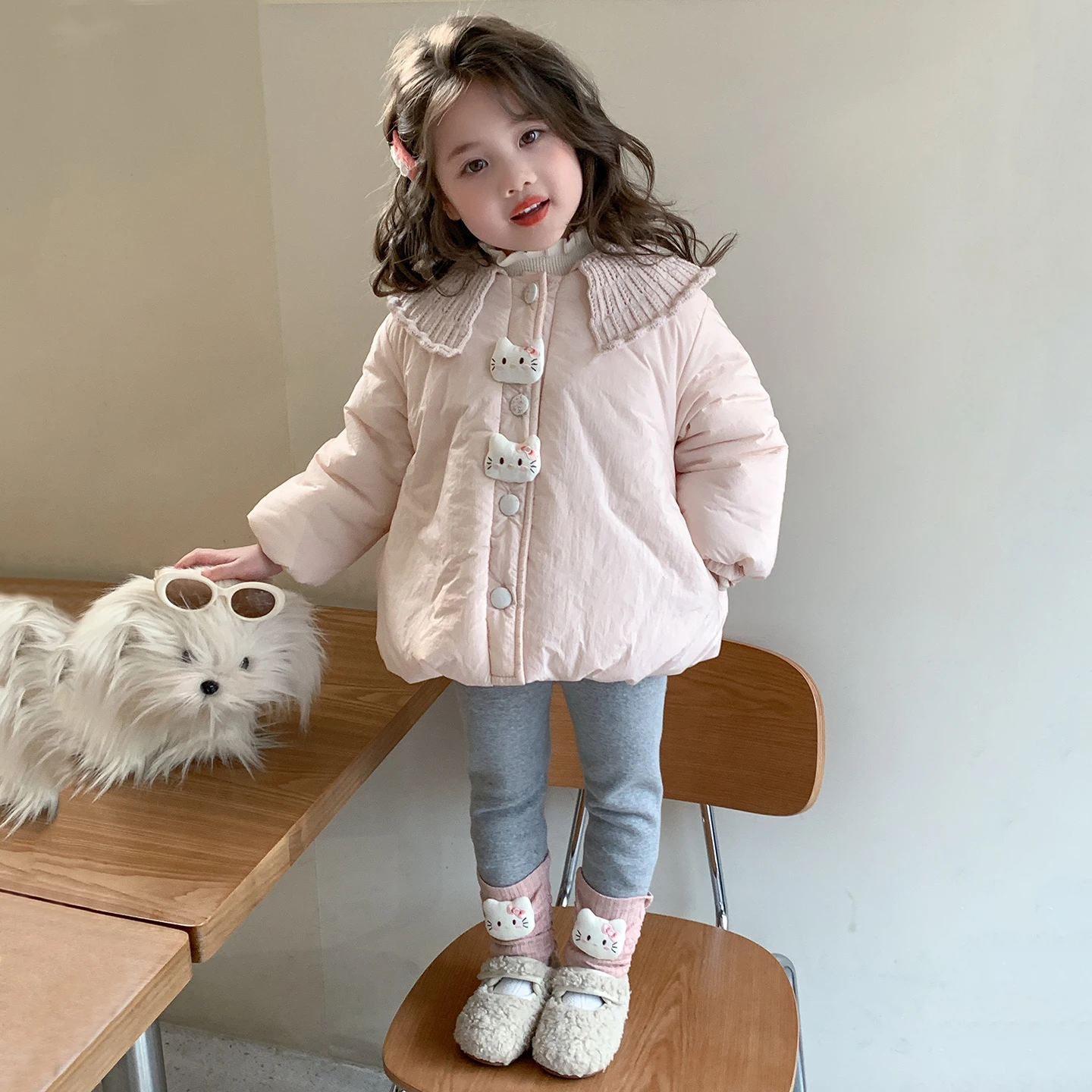 

Winter Girls Cartoon Cotton Jacket Fashion Knitted Spliced Turn Down Collar Single Breasted Warm Coat New Sweet Thicken Overcoat