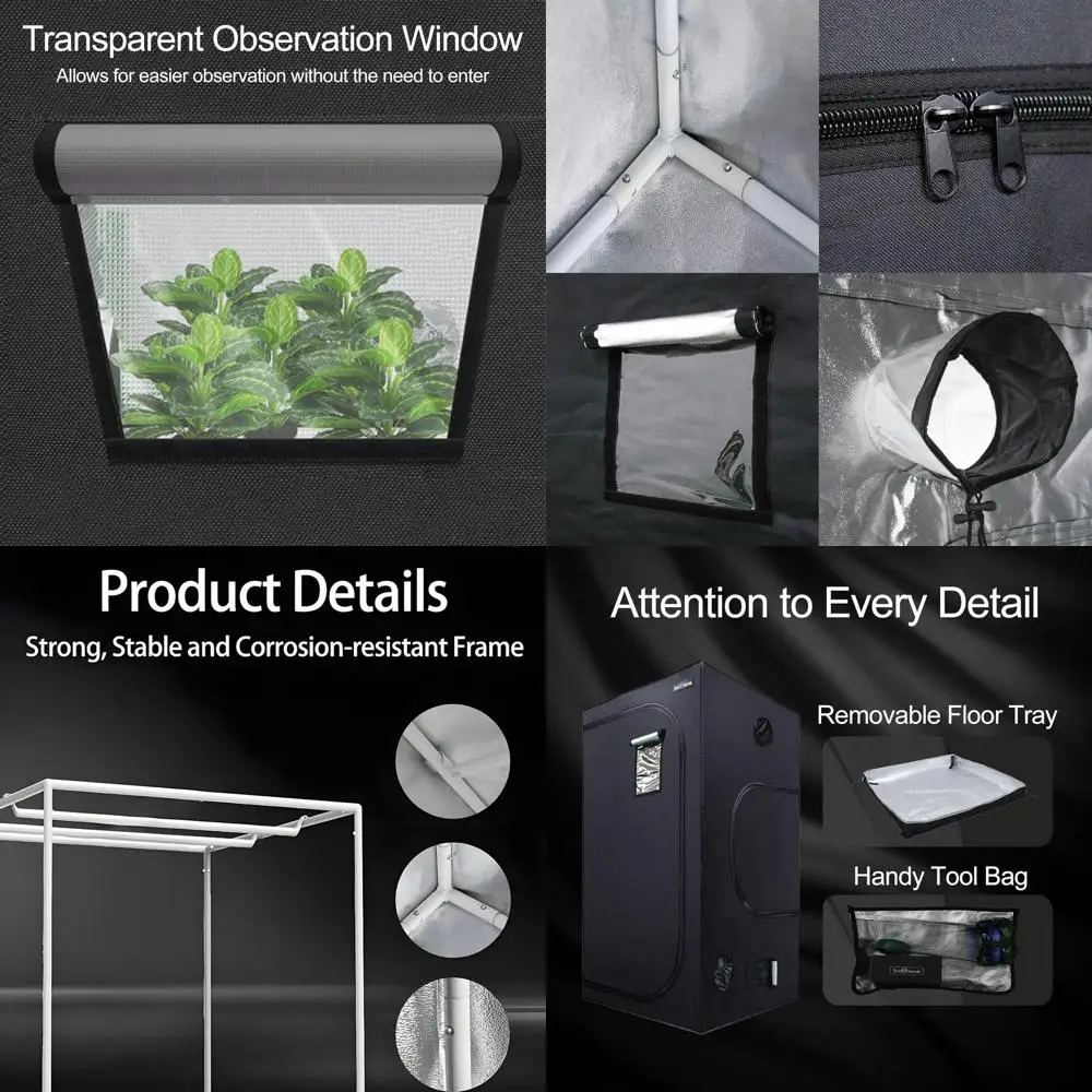 

Indoor 3x3 Plant Grow Tent, 32x32x64 600D Mylar, Steel Poles, Window, Removable Floor, Lightproof