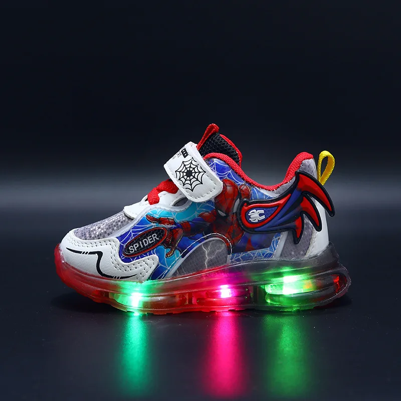 Boys Fashion Luminous Shoes Children\'s LED Lighting Sneakers Cartoon Spiderman Anti-slip Kids Flash Lights Casual Shoes Disney