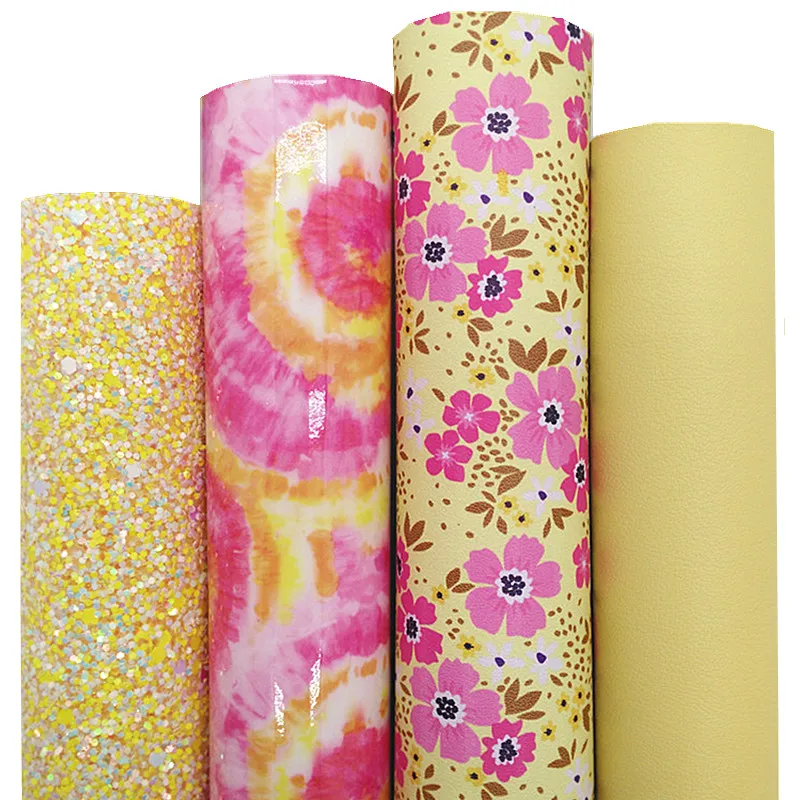 Tie-dye Patent Faux Leather Sheets Flowers Printed Synthetic Leather Smooth Faux Leather Yellow Glitter For Bows 21x29CM Q1338