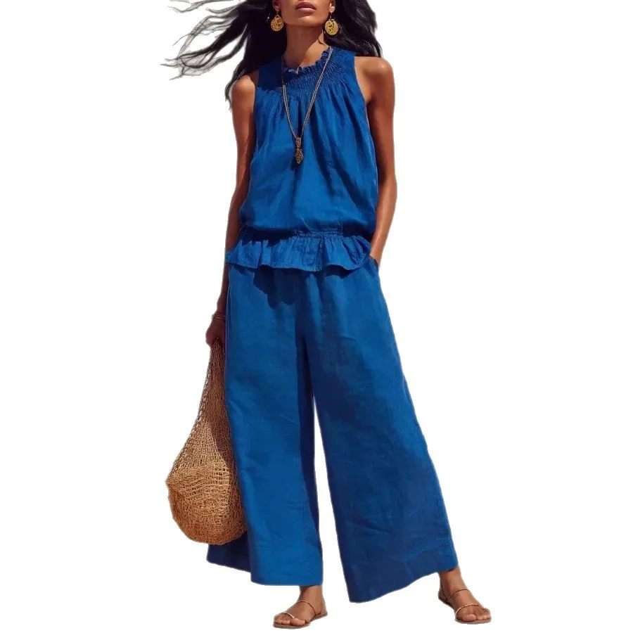 Casual Sets Sleeveless Full Length Fresh and Sweet with Pants T Shirt Spring Ruched Summer Autumn Top Women Sets