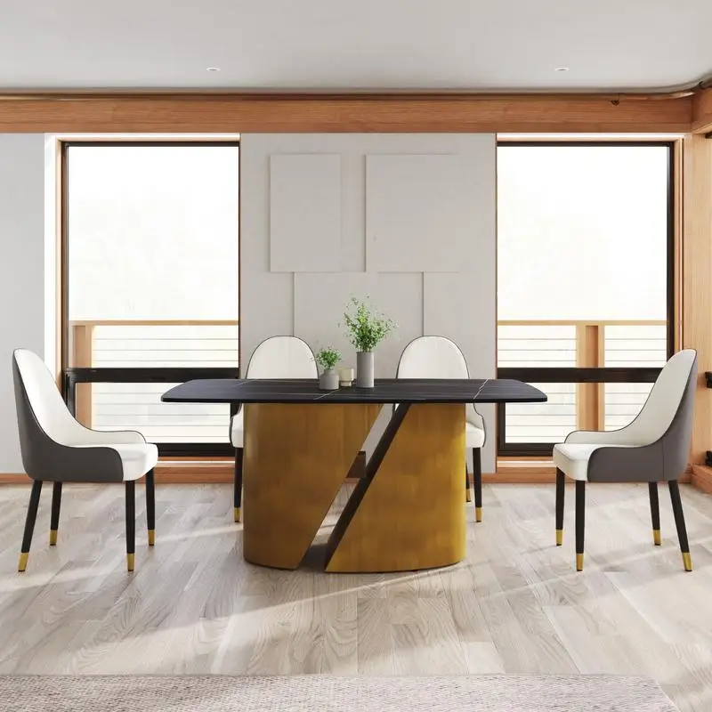 طاولة طعام حديثة من الحجر الاصطناعي المنحني باللون الأسود مع أرجل حديدية برونزية - مقاعد تتسع لـ 6-8 أشخاص #2