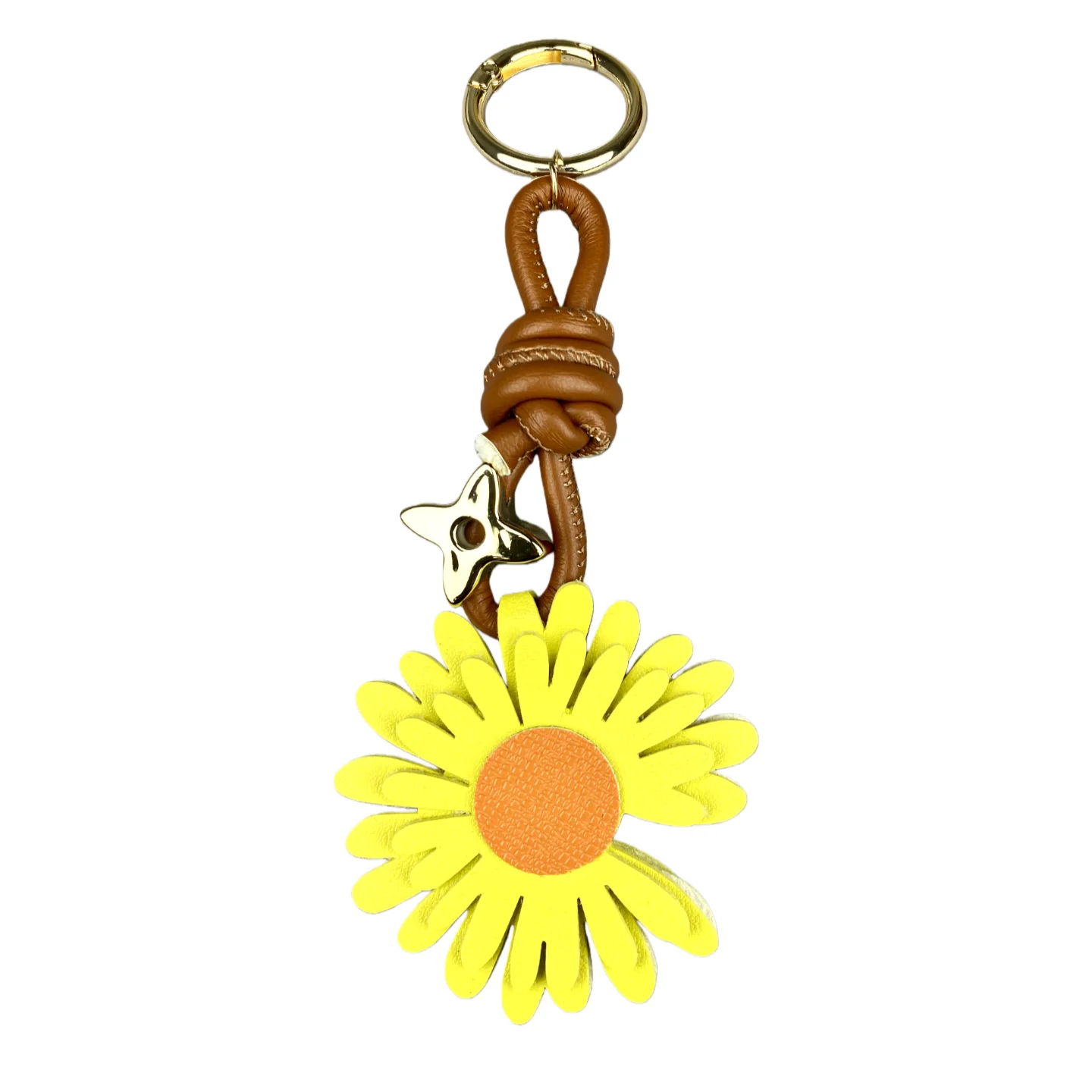 Klassischer Gänseblümchen-Schlüsselanhänger aus PU-Leder – zweifarbiger PU-Gänseblümchen-Charm mit vierblättrigem Kleeblatt-Perle/3,2 cm Metallring für Tasche, Geldbörse, Rucksack – Detail 6