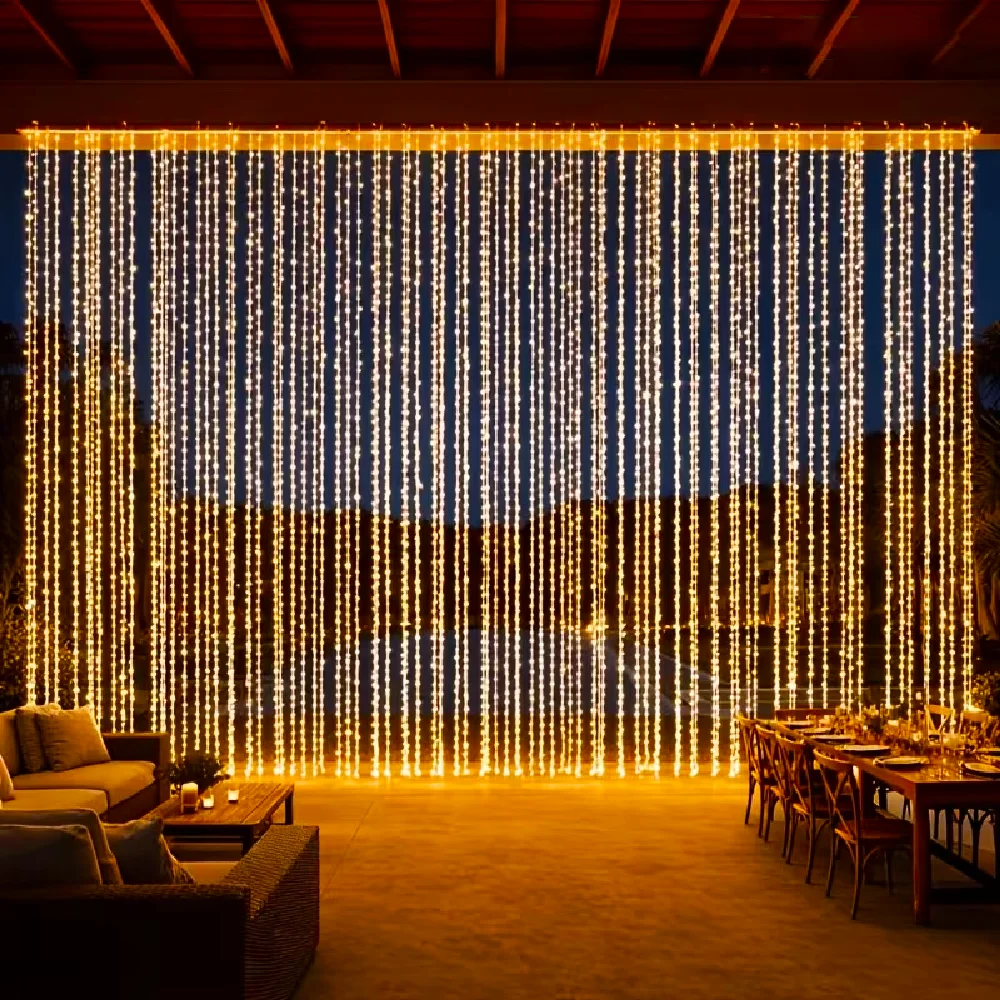LED Solar-Powered Curtain Lights Outdoor Decorative Garden Lights 8 Lighting Mode for Christmas Courtyard Parties Gardens Decor