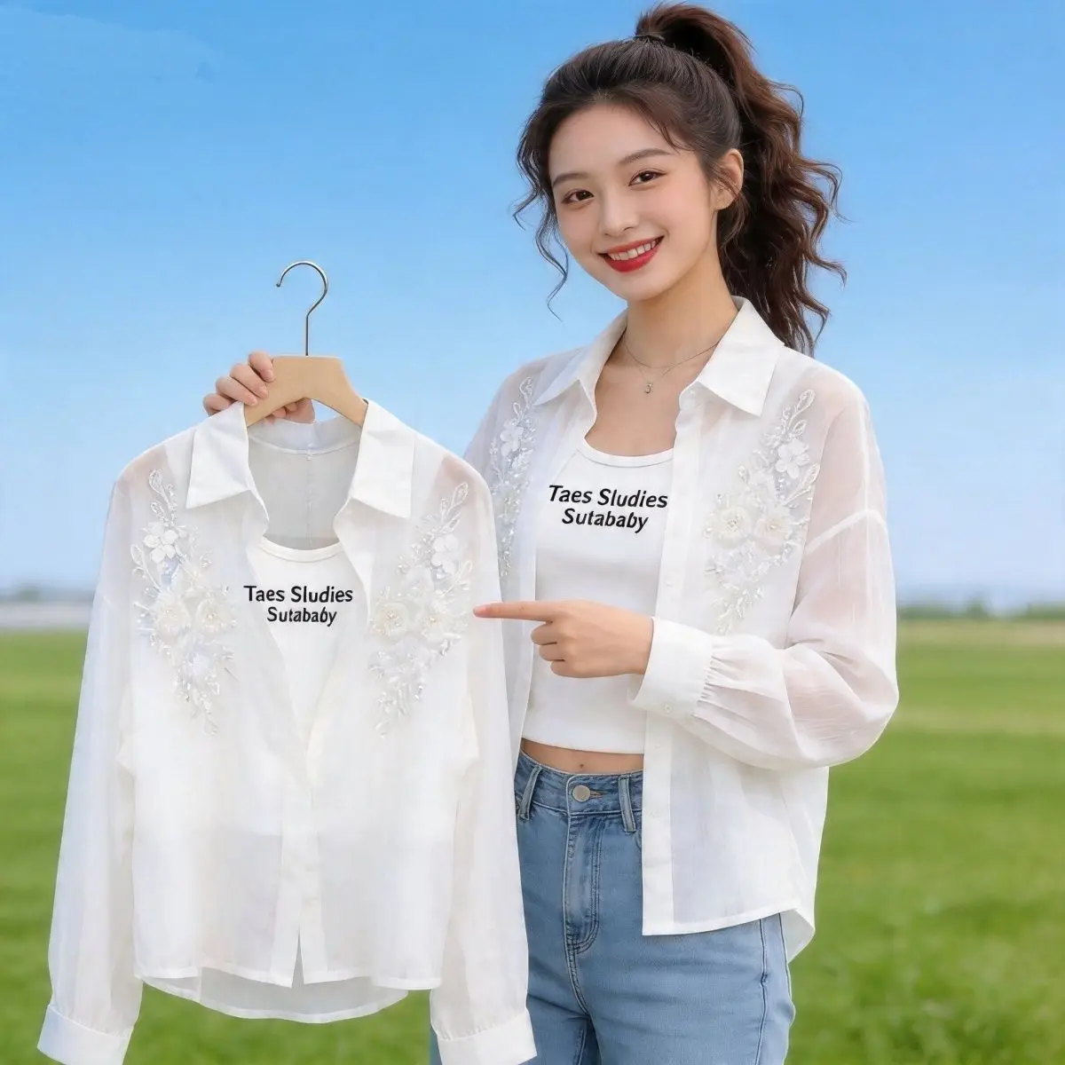 

Lightweight Breathable Collar Sun Protection Shirt Women's Summer Thin Elegant Flower Embroidery Semi-Transparent Open C...