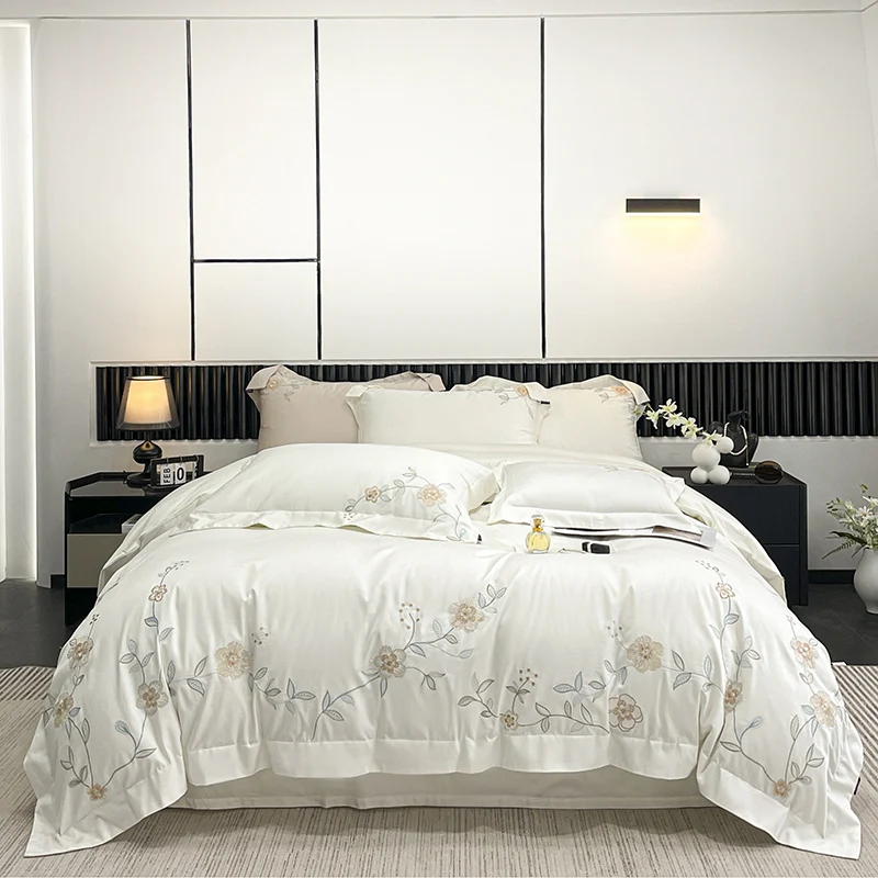 600TC Egyptian Cotton Flowers Embroidery Luxury Bedding Set Queen King Size Duvet Cover Set Bed Sheet/Fitted Sheet Pillowcases