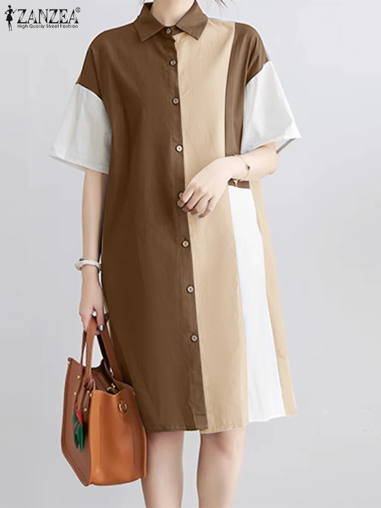 ZANZEA Women Colorblock Dress 2024 Summer Holiday manica corta Robe Casual allentato colletto con risvolto al ginocchio prendisole abito camicia bohémien