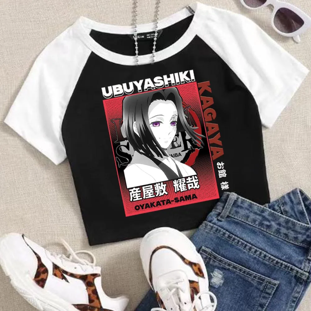 

Популярные аниме Demon Slayer Ubuyashiki Kagaya укороченные топы футболка для девочек модные женские с круглым вырезом с коротким рукавом подарок