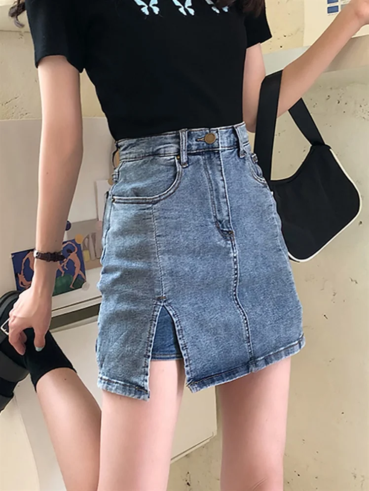 

Джинсовая юбка больших размеров в стиле ретро с высокой талией, трапециевидной формы, весна-лето, открытая юбка с запахом, корейская повседневная однотонная юбка