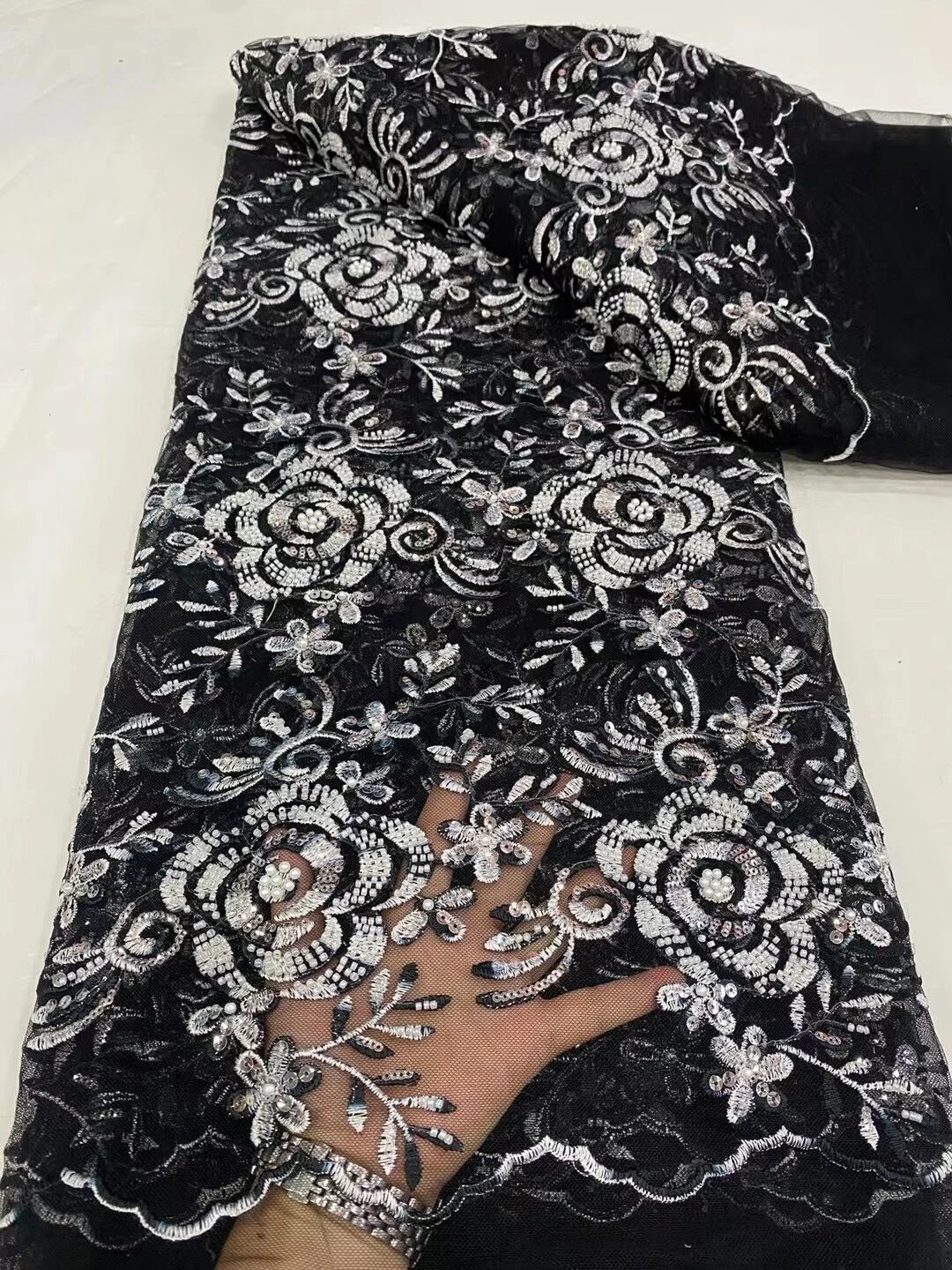 5 Yards Unique Black Mesh Sequins African Nigerian Lace Fabric Embroidery Women Evening Dresses Fabrics Materials For Clothes