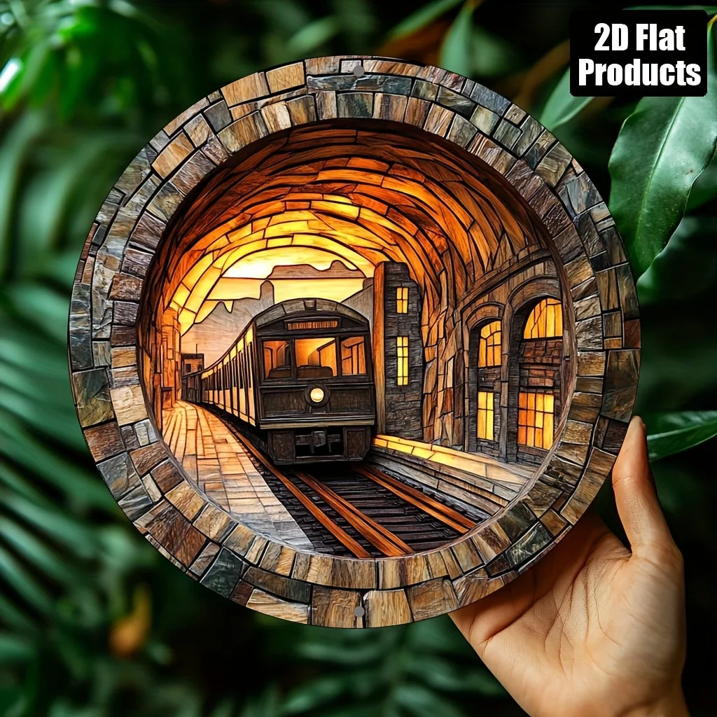 Vintage Tunnel Train Mosaic Frame 2D Flat Round Metal Wall Sign