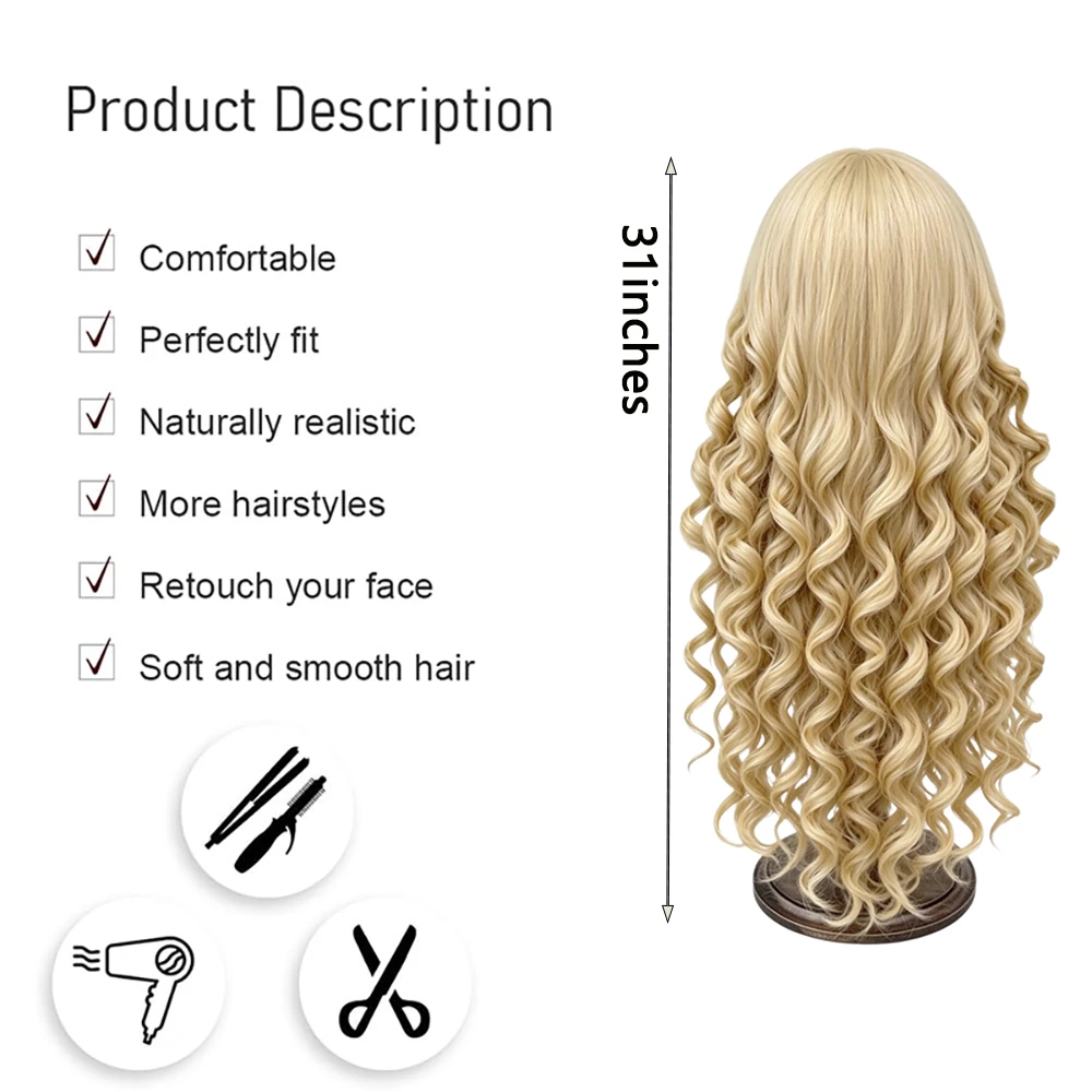 Blonde Long Roman Roll Lolita Wigs with Bangs Sweet Princess Spiral Curly Synthetic Heat Resistant Wig Halloween Cosplay Party